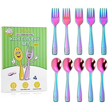 VITEVER 10 Pack Toddler Utensils, Stainless Steel Rainbow Silverware Set for Kids, Children Safe Cutlery Set Includes Forks and Spoons - Dishwasher Safe - Image 1