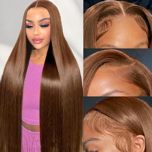 Cypha 28 Inch Chocolate Brown Lace Front Wigs Human Hair Pre Plucked 13x6 Straight Lace Front Wigs Human Hair 180% Density Colored #4 Light Brown Glueless Wig HD Lace Frontal Wigs for Women - Image 1