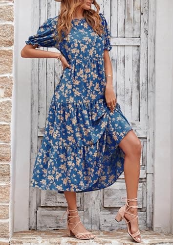 PRETTYGARDEN Summer Dresses for Women 2025 Casual Floral Boho Midi Sun Dress Puff Short Sleeve Flowy Beach Vacation Sundress (Blue Apricot,Small) - Image 5