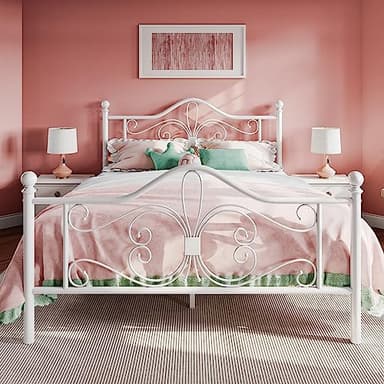 SHA CERLIN Queen Size Bed Frame with Headboard,Metal Bed Frame with Butterfly Pattern Design Headboard & Footboard,No Box Spring Needed,Easy Assembly,White - Image 1