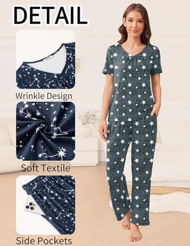 Ekouaer Ladies Pajamas Sets 2 Pack Short Sleeve with Long Pant Pjs Sleepwear Loungewear Slate Star Grey Cat X-Large - Image 2