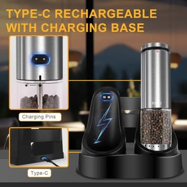 EIHO Electric Salt and Pepper Grinder Set USB Rechargeable, Upgraded External Adjustable Coarseness, Stainless Steel Automatic Salt and Pepper Shakers Mills with LED Light, House Warming Cooking Gifts - Image 9