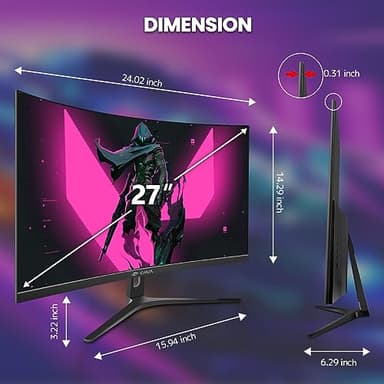 CRUA 27" Curved Gaming Monitor, 280Hz FHD (1920X1080P), 1800R VA Panel, 120% sRGB, Support AMD FreeSync, Low Blue Light, Ultra-Smooth Esports Display, HDMI 1.4 & DP 1.2, Wall Mountable Installs-Black - Image 6