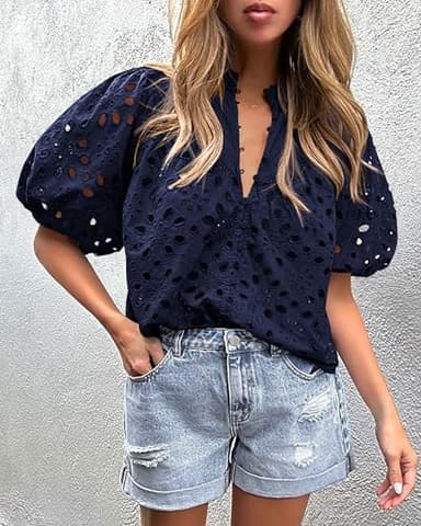 PRETTYGARDEN Women's Summer Tops 2025 Dressy Casual Short Sleeve V Neck Buttons Hollow Out Lace Embroidered Blouses Shirts (Navy,Large) - Image 7