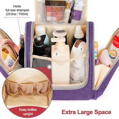 Extra Large Toiletry Bag for Women and Men, 6 Organizer Compartments, Holds Full Size Shampoo, with Hanging Hook Cosmetic Bag, Travel Makeup Bag, Bathroom Water-resistant Toiletries Bag, Purple - Image 3