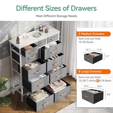 AODK Dresser with Charging Station, 52 Inches Tall Dresser for Bedroom with 11 Storage Drawers, Large Fabric Dressers for Hallway, Light Grey - Image 5