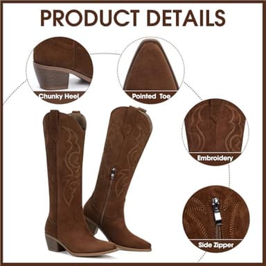 Platikly Brown Cowboy Boots for Women - Embroidered Western Cowgirl Boots Suede Leather, Wide Calf Knee High Tall Footwear, Pointed Toe Chunky Heel Pull On Zipper Classic Retro Country US 8 Wide - Image 4