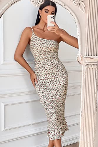 PRETTYGARDEN Women's Summer Midi Bodycon Dresses One Shoulder Strappy Tiered Ruffle Floral Boho Sun Dress (Beige Floral,Small) - Image 2