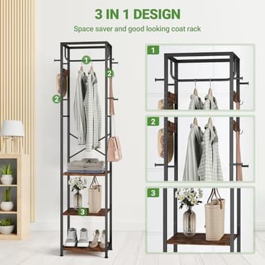 ELYKEN Coat Rack Freestanding, Hall Tree with 3 Storage Shelves and 12 Hooks, Industrial Clothes Rack Stand Organizer for Bedroom, Hallway, Entryway, Office, Living Room, Rustic Brown - Image 9