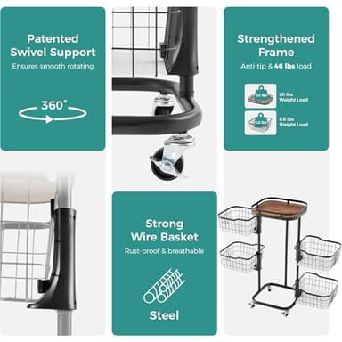 Ocyfym 4 Tier Kitchen Fruit Vegetable Storage Cart with One-Piece Rotating Basket, Pantry Organizer Shelf Rack Floor Stand for Veggie Onion Potato Produce Spice, Rolling Snack Cart on Wheels, Black - Image 4