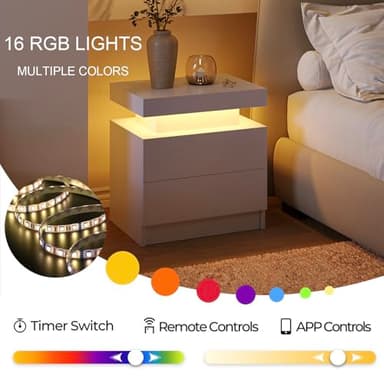 Cubehom White LED Nightstand Set of 2,Modern Night Stand Set 2,Multi-Color LED Light Strip,Slient Slide Drawer,Large Capacity Storage,Small Space Solution,Bedside Table for Bedroom,White - Image 6