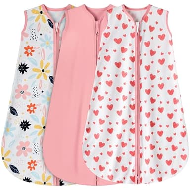 BSTOPPT 3 Pack Baby Sleep Sack 12-18 Months 100% Rayon Cotton Baby Sleeping Bag 2-Way Zipper Toddler Wearable Blankets Comfy Stretchy Lightweight TOG 0.3 （Heart&Pink&Floral） - Image 1