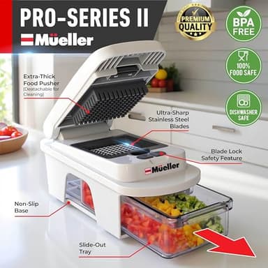 Mueller Pro-Series All-in-One, 12 Blade Mandoline Slicer for Kitchen, Food Chopper, Vegetable Slicer and Spiralizer, Cutter, Dicer, Grater, Kitchen Gadgets Sets with Container, White Sand/Gray - Image 2