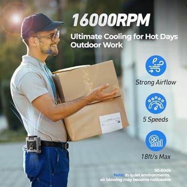 AMACOOL Portable Waist Fan Clip On, MAX 40H Work Time, 10000mAh Rechargeable Wearable Shirt Fan with Light, 16000RPM Powerful 5 Speed Belt Fans Personal Cooling Fans for Outdoor Jobsite Camping Travel - Image 5