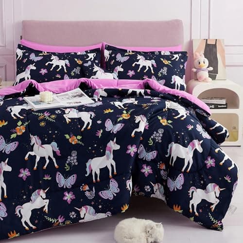 Mooreeke Kids Comforter Bed Set Full Size for s Girls, 8 Pieces Bed in a Bag with Shams, Sheet Set, Purple Pink Unicorn Full Soft Microfiber Kids Comforter Bedding Set - Image 1
