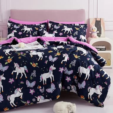 Mooreeke Kids Comforter Bed Set Full Size for s Girls, 8 Pieces Bed in a Bag with Shams, Sheet Set, Purple Pink Unicorn Full Soft Microfiber Kids Comforter Bedding Set - Image 1