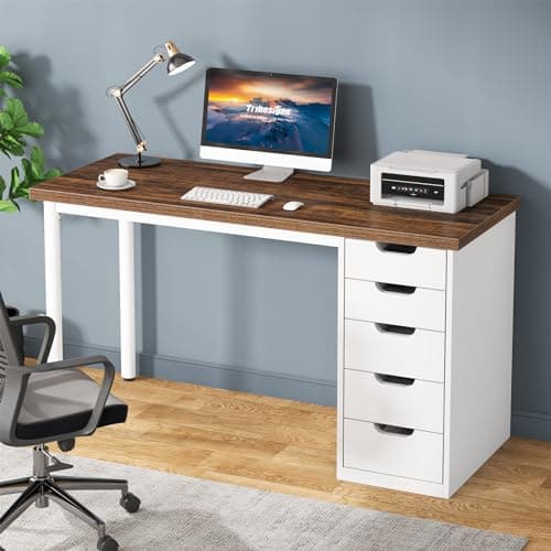 Tribesigns Computer Desk with 5 Drawers, 47 inches Rustic Brown Home Office Desk with Storage, Modern Simple Laptop Desk Study Writing Table for Small Spaces (Reversible Drawer Cabinet) - Image 1