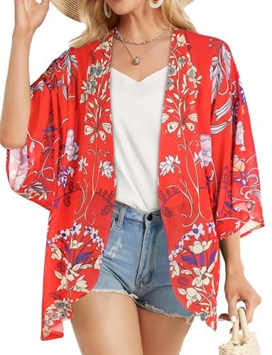 Summer Kimono Cardigan for Women Sheer Boho Tops Casual Open Front Swimwear Shirts Beach Cover ups (Boho Red,L) - Image 4
