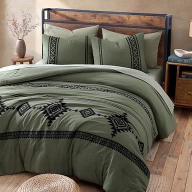 MAIREVE Olive Green Embroidery Comforters Set Queen Size - 7 Pieces, Farmhouse Western Bedding All Season Bed in A Bag Queen, Boho Comforter Set with Sheets, Pillowcases & Shams - Image 3