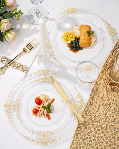 Nervure 175PCS Clear Gold Plastic Plates - Disposable Gold Party Plates & Pre Rolled Napkins with Cutlery for 25 Guests, 50Plates, 75Silverware, 25Cups, 25Napkin for Wedding & Party & Thanksgiving - Image 8
