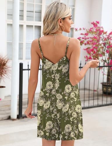 Womens Romper Summer 2025 Loose Strap Adjustable V Neck Jumper Stretchy Jumpsuit with Pockets(Army Green Floral,X-Large) - Image 4