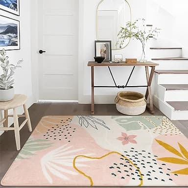 Lahome Pink Rug for Living Room - 5x7 Area Rug Washable Non-Slip Boho Rugs for Bedroom Throw Cute Soft Kids Nursery Rug, Abstract Botanical Print Carpet for Classroom Dorm Entryway Office Dining Room - Image 3