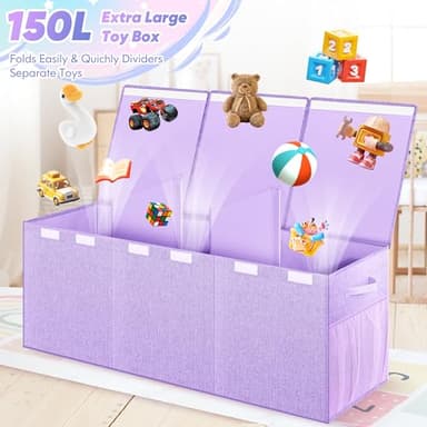 Mabahoo Extra Large Toy Box, Toy Chest for Kids Boys Girls, Collapsible Sturdy Storage Organizer with Mesh Pockets, 40"x14"x16" Kids Box Bins Baskets for Nursery, Playroom, Purple - Image 2