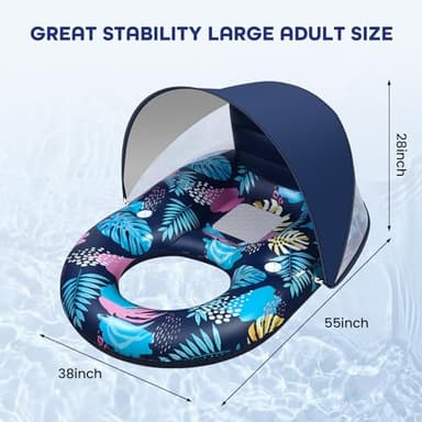 Inflatable Pool Floats with UPF50+ Canopy-Removable-120° Adjustable, Large Pool Beach Floating Raft Lounge with 2 Cup Holders, Swimming Inflatable Pool Floats for Beach, Lake, Party - Image 7