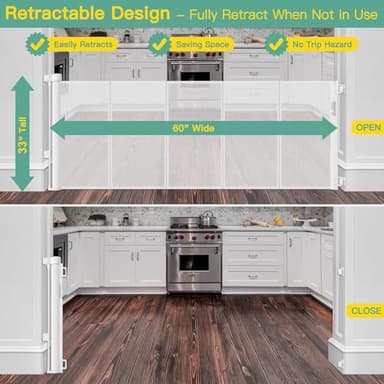 Reinforced 60" Wide Retractable Baby Gate with Reinforced Rods, 5 ft Retractable Dog Gate Indoor/Outdoor Baby Gate Retractable Gate - Bottom Anti-Escape, White - Image 3