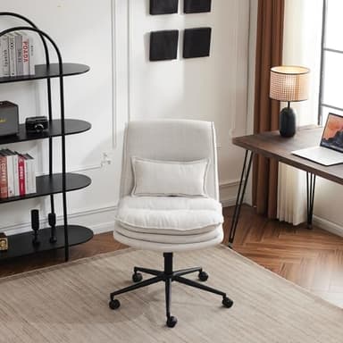 VINGLI Cloud Criss Cross Legged Chair,18" High Back Armless Home Office Desk Chair with Wheels,Wide Adjustable Comfy Padded Seat Task Computer Chair,Modern Swivel Makeup Vanity Chair,Fabric,Beige - Image 9