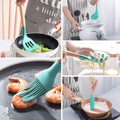 MIBOTE Silicone Cooking Kitchen Utensils Set with Holder, Wooden Handles Cooking Tool BPA Free Turner Tongs Spatula Spoon Kitchen Gadgets Set for Nonstick Cookware (Teal) - Image 4