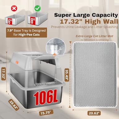 Fully Enclosed XXL Stainlessss Steel Litter Box with Lid, 8" Deep Pan, Large Stainless Steel Cat Litter Box for Big Cat with Scoop, Step Board, Mat, Brush, Odor-Free, Anti-Leak, Non-Stick (Light Gray) - Image 2