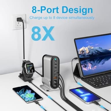USB C Fast Charger : Fast Charging Station : 285W-8 Port Desktop Multiple Devices Power Adapter for Laptop MacBook Pro/Air, DELL, Tablet iPad Pro/Air, iPhone 16/15/14, Galaxy S23/22 - Image 4