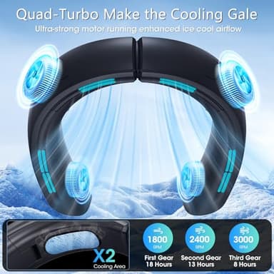 OLV Neck Fan 6000mAh Rechargeable Battery 18Hrs 4 Turbine Motor Powerful 360° Cooling Airflow 3 Speeds Portable Foldable Fan Ultra-Quiet Personal Fan Gifts for Men Women Home Office,Work,Travel Black - Image 3