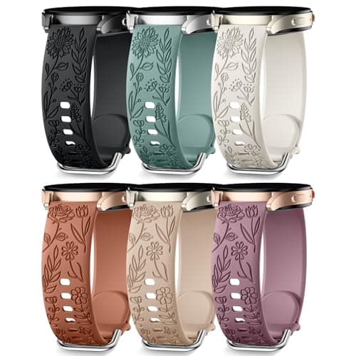 SNBLK Floral Engraved Bands Compatible with Samsung Galaxy Watch 7 Band 6 5 4 Active 2 40mm 44mm/5 Pro/Watch 6/4 Classic, 6Pack 20mm Cute Flower Soft Silicone Sport Strap for Samsung Watch Bands Women - Image 1