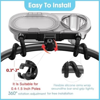 Universal Stroller Snack Tray: Cup Holder Tray with Silicone Flexible Arms Grip Stroller Tray with Dust Cover - Stroller Tray Attachment with Cups Holder for Baby & Toddler Stroller Accessories - Image 4