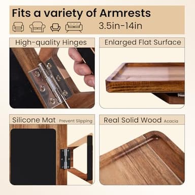 Danfoxer Acacia Wood Couch Arm Tray,Folding Sofa Armrest Tray,Couch Arm Table Clip-On Couch Desk for Drinks, Snacks,Phone,Remote Control - Image 5