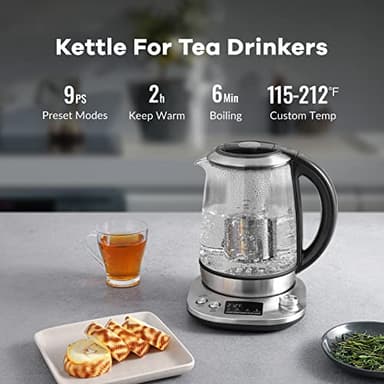 Mecity Electric Tea Kettle with Removable Infuser, 9 Preset Brewing Programs, Temperature Control, 2 Hours Keep Warm, Borosilicate Glass, 1.7 Liter, 1200W - Image 2