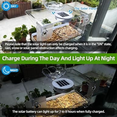 WENMIXER Window Bird Feeder with Non-Marking Self-Adhesive Hooks, Clear and Transparent, Outdoor Wild Bird Watching Gift, Garden Decor (with Solar Light) - Image 5