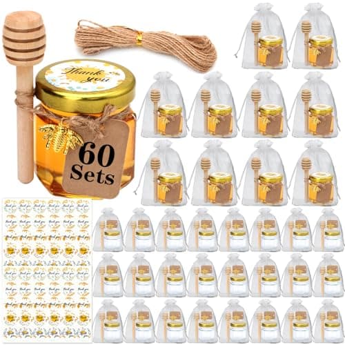 XING-RUIYANG 60 pack 1.5 oz Mini Honey Jars，baby shower favors,There's honey sticks, bee pendants, stickers and gold goodie bags，Suitable for wedding party gifts - Image 1