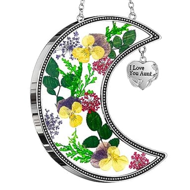 KY&BOSAM Moon Suncatchers Aunt Gifts for Mom Family Friends Stained Glass for Windows Wind Chimes Real Flower Colorful and Metal I Love You Aunt Heart Chain Outdoor for Garden Indoor Home Trees Decor - Image 7