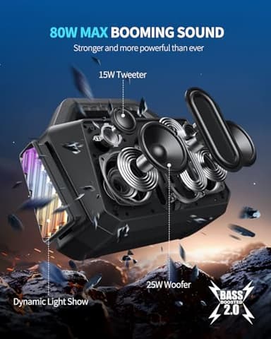 TPWIN Bluetooth Speaker - 80W Loud Rugged Outdoor Speakers, IPX6 Waterproof, 20H Playtime, Deep Bass, Lightshow, TWS, BT 5.3 Wireless, Portable for Travel Hiking Camping Beach Pool - Black - Image 2