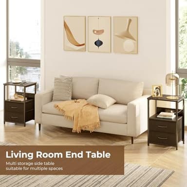 Seventable Nightstand with Charging Station, Bedside Table with LED Lights, Night Stand with 2 Fabric Drawers, 3-Tier Storage End Table for Bedroom, Black - Image 6