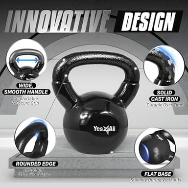 Yes4All Kettlebells 5 10 15 20 25 30 lbs Set Weight Vinyl Coated Cast Iron for Dumbbell Weights Exercises, Gym, Fitness, Full Body Workout Equipment Push up, Grip and Strength, Black - Image 2
