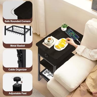 Cazacomzy Small Black Side Table Charging Station for Bedroom, Narrow Black Living Room End Tables with Storage, Skinny USB Nightstand with Outlet, Gaming Coffee Table for Couch with USB Ports - Image 6