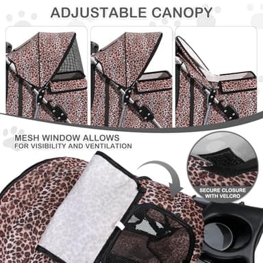 MoNiBloom 3 Wheels Pet Dog Cat Stroller for Small Medium Dogs Cats, Lightweight Foldable Jogger Stroller w/Storage Basket & Cup Holder, Leopard Print - Image 8