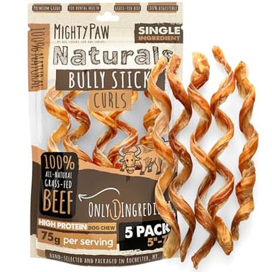 Mighty Paw Naturals Curly Bully Sticks for Dogs - Grass Fed Beef Chews. Bully Sticks for Large Dogs, Medium, Small Breeds. Lower Odor Treats for Small Pets. Single Ingredient 6” - 5 Pack - Image 1