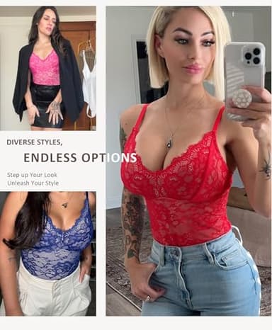 FeelinGirl Shapewear Bodysuit Women Tummy Control Lace Shapewear V Neck Backless Tank Top Thong Body Shapewear Black M - Image 2