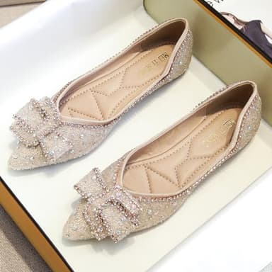 LiupanUp Women's Pointed Rhinestone Flat Shoes Glitter Flowers Wedding Comfortable Dress Shoes 1Apricot size9 - Image 5