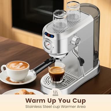 ANYCOLD Espresso Machine 20 Bar, Compact Espresso Maker, Stainless Steel Expresso Coffee Machines with Steam Milk Frother & 34oz Removable Water Tank for Home Latte, Cappuccino, Silver - Image 5